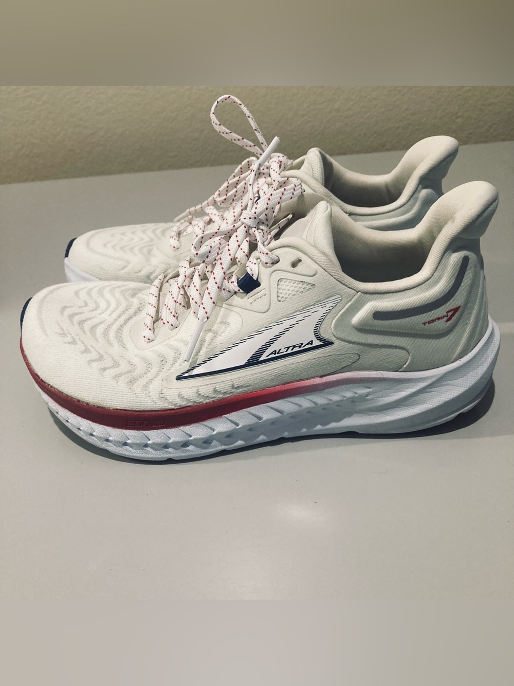 Altra Women’s Cream Running Shoes with Red and Navy Accents